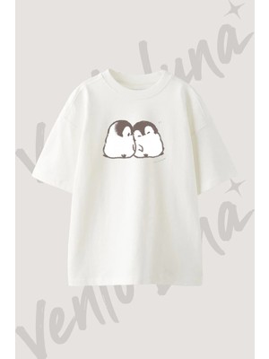 Cute Penguins Tasarım Baskılı Unisex Oversize Kalıp Beyaz Tshirt