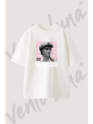 David Smoking Tasarım Baskılı Unisex Oversize Kalıp Beyaz Tshirt