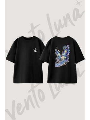 Butterfly Galaxy Tasarım Sırt Baskılı Pamuk Siyah Oversize T-Shirt