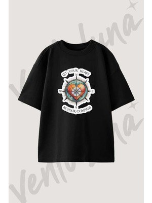 Heart Compass Tasarım Baskılı Unisex Oversize Kalıp Siyah Tshirt