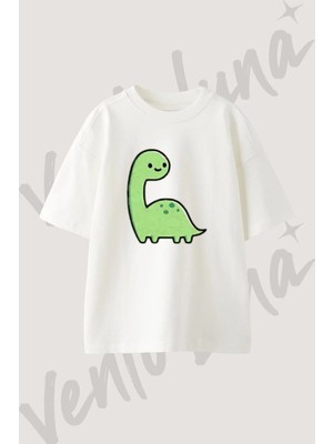 Cute Dinosaur_1 Tasarım Baskılı Unisex Oversize Kalıp Beyaz Tshirt