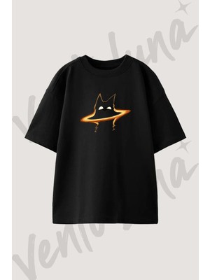 Ates Tilki Tasarım Baskılı Unisex Oversize Kalıp Siyah Tshirt