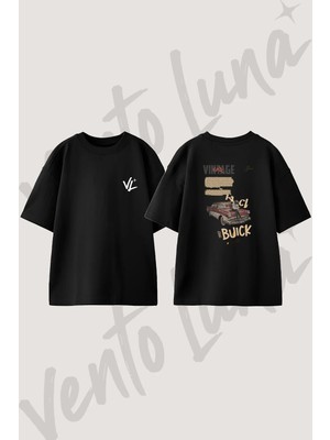 1957 Buick Tasarım Sırt Baskılı Pamuk Siyah Oversize T-Shirt