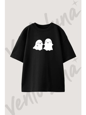 Sevimli Hayaletler Tasarım Baskılı Unisex Oversize Kalıp Siyah Tshirt