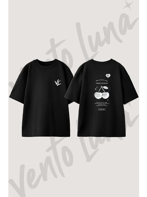 Black Cherry Heart Tasarım Sırt Baskılı Pamuk Siyah Oversize T-Shirt