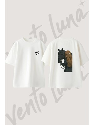 Anime Horse Girl Tasarım Sırt Baskılı Pamuk Beyaz Oversize T-Shirt