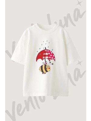 Ari Semsiye Tasarım Baskılı Unisex Oversize Kalıp Beyaz Tshirt