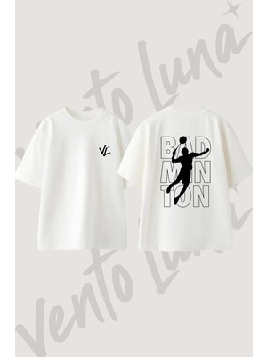 Badminton Tasarım Sırt Baskılı Pamuk Beyaz Oversize T-Shirt