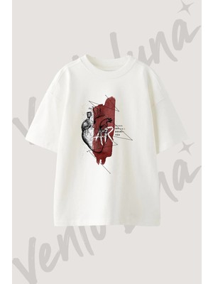 Anatomik Kalp Tasarım Baskılı Unisex Oversize Kalıp Beyaz Tshirt