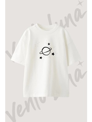 Saturn Star Tasarım Baskılı Unisex Oversize Kalıp Beyaz Tshirt
