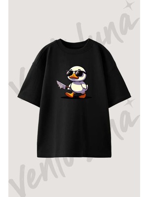 Ordek Gozluk Bicak Tasarım Baskılı Unisex Oversize Kalıp Siyah Tshirt