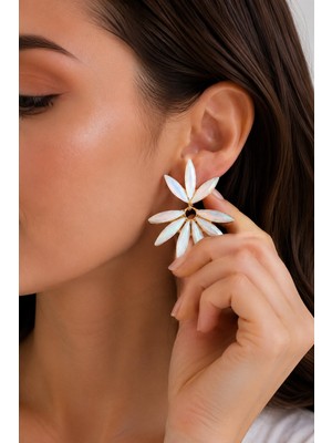 Solenya Beyaz Renk Kristal Taşlı Lotus Model Kadın Küpe