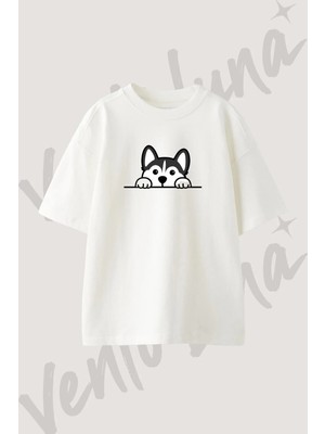 Husky Dog Tasarım Baskılı Unisex Oversize Kalıp Beyaz Tshirt