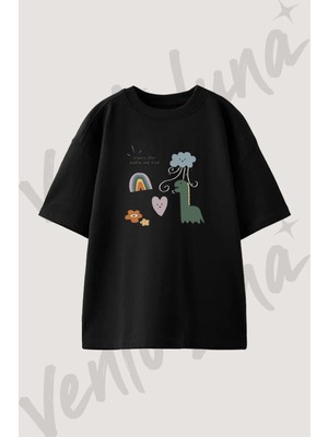 Cute Dinosaur_4 Tasarım Baskılı Unisex Oversize Kalıp Siyah Tshirt