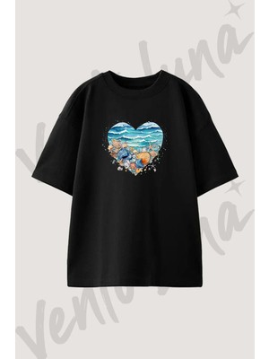 Seashell Heart_1 Tasarım Baskılı Unisex Oversize Kalıp Siyah Tshirt