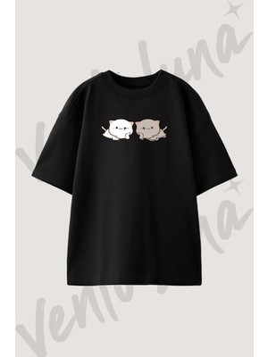 Sevimli Kediler_1 Tasarım Baskılı Unisex Oversize Kalıp Siyah Tshirt