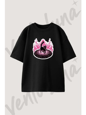 Cadi Kedi Tasarım Baskılı Unisex Oversize Kalıp Siyah Tshirt