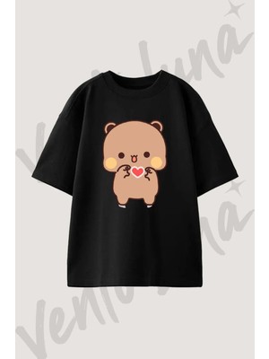 Mocha Bear_2 Tasarım Baskılı Unisex Oversize Kalıp Siyah Tshirt