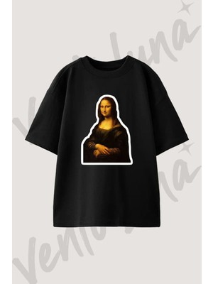 Mona Lisa Tasarım Baskılı Unisex Oversize Kalıp Siyah Tshirt