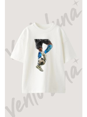 Soccer Leg Ball Tasarım Baskılı Unisex Oversize Kalıp Beyaz Tshirt