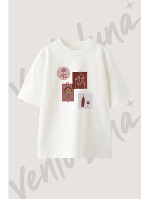 Woman Flower Wine Tasarım Baskılı Unisex Oversize Kalıp Beyaz Tshirt