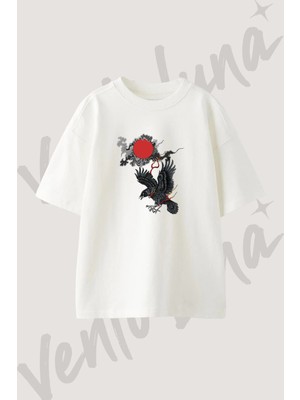 Yatagarasu Tasarım Baskılı Unisex Oversize Kalıp Beyaz Tshirt