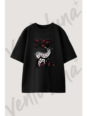 Geyik Cicek Tasarım Baskılı Unisex Oversize Kalıp Siyah Tshirt