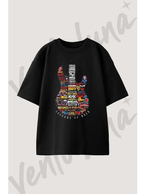 Gitar Rock Efsaneleri Tasarım Baskılı Unisex Oversize Kalıp Siyah Tshirt