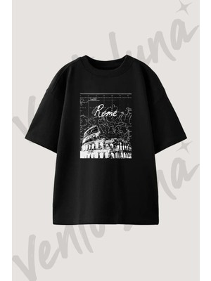 Colosseum Rome_1 Tasarım Baskılı Unisex Oversize Kalıp Siyah Tshirt