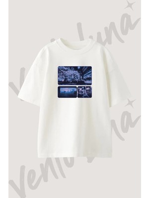 Tokyo Vaporwave Tasarım Baskılı Unisex Oversize Kalıp Beyaz Tshirt