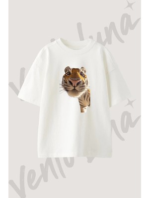 Cartoon Tiger Tasarım Baskılı Unisex Oversize Kalıp Beyaz Tshirt