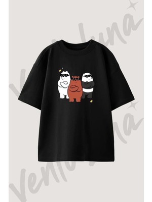 We Bare Bears_1 Tasarım Baskılı Unisex Oversize Kalıp Siyah Tshirt