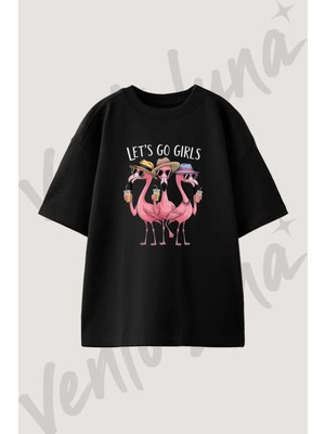 Uclu Flamingo Kizlar Tasarım Baskılı Unisex Oversize Kalıp Siyah Tshirt