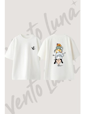 Kiz Kedi Kule Tasarım Sırt Baskılı Pamuk Beyaz Oversize T-Shirt