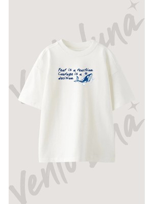 Cesaret Balina Tasarım Baskılı Unisex Oversize Kalıp Beyaz Tshirt