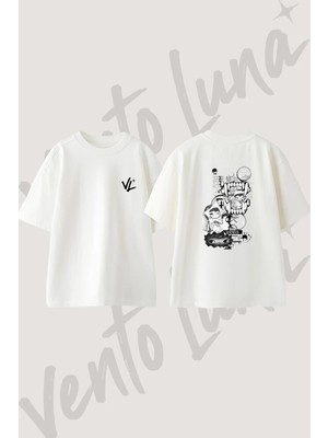Hirono Omori Tasarım Sırt Baskılı Pamuk Beyaz Oversize T-Shirt