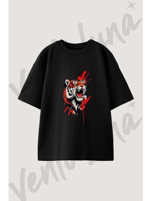 Roaring Tiger Tasarım Baskılı Unisex Oversize Kalıp Siyah Tshirt