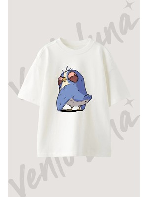 Mavi Yorgun Kus Tasarım Baskılı Unisex Oversize Kalıp Beyaz Tshirt