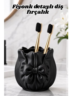 the mr east Fiyonk Detaylı Saten Dokulu Diş Fırçalık 13X12CM Pla Banyo Organizeri Şık Dekoratif