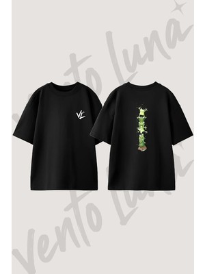 Kurbaga Boy Olcer Tasarım Sırt Baskılı Pamuk Siyah Oversize T-Shirt