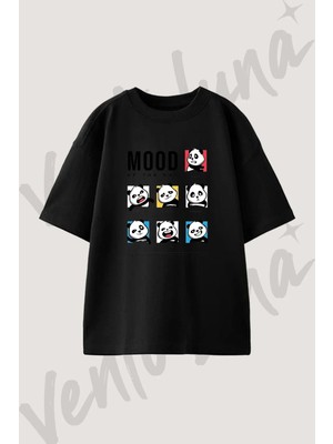 Panda Moods Tasarım Baskılı Unisex Oversize Kalıp Siyah Tshirt