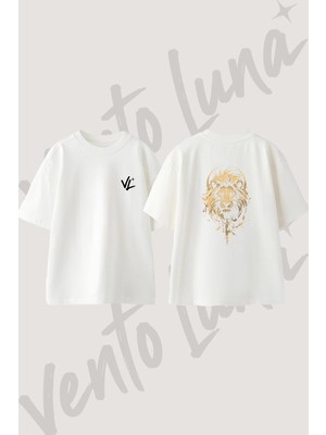 Lion Head Tasarım Sırt Baskılı Pamuk Beyaz Oversize T-Shirt