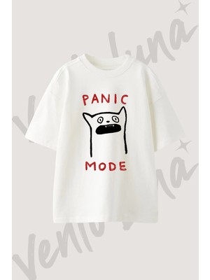 Panik Kedi Tasarım Baskılı Unisex Oversize Kalıp Beyaz Tshirt