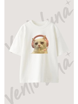 Grumpy Cat Tasarım Baskılı Unisex Oversize Kalıp Beyaz Tshirt