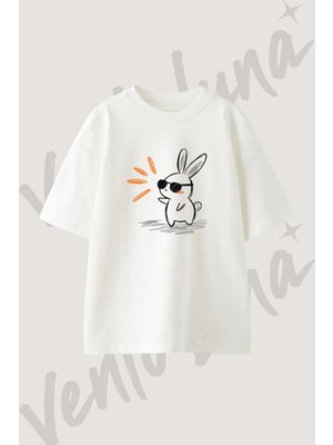 Rabbit Sunglasses_2 Tasarım Baskılı Unisex Oversize Kalıp Beyaz Tshirt