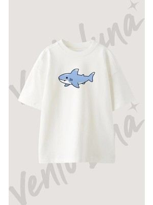 Cute Shark_2 Tasarım Baskılı Unisex Oversize Kalıp Beyaz Tshirt