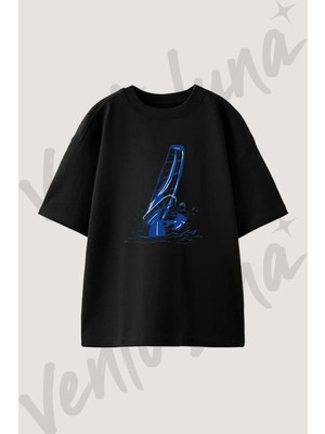 Ruzgar Sorfü Tasarım Baskılı Unisex Oversize Kalıp Siyah Tshirt