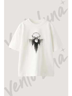 Baphomet Tasarım Baskılı Unisex Oversize Kalıp Beyaz Tshirt