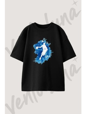 Basketbol Sulu Boya Tasarım Baskılı Unisex Oversize Kalıp Siyah Tshirt