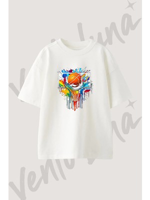 Basketbol Sıçrama Tasarım Baskılı Unisex Oversize Kalıp Beyaz Tshirt